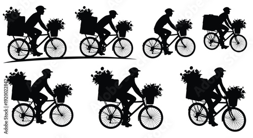 Delivery cyclist silhouettes with backpack set