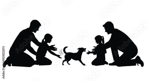 Father and child playing with dog silhouette