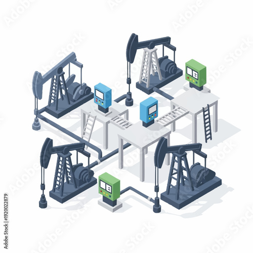 Isometric Oil Pumps and Gas Stations Network.