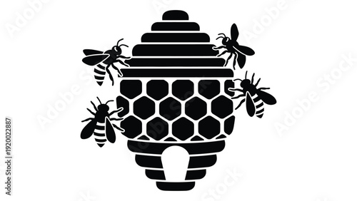 A black and white illustration of a beehive with bees flying around it. isolated on white background, Vector