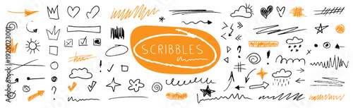 .Fun hand drawn scribbles with arrows, circles and swirl shapes. Ideal for background design, imagination concepts and artistic process illustrations.