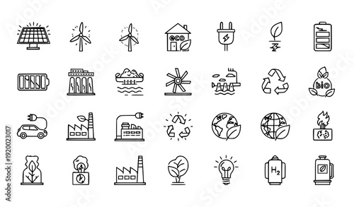 Renewable Energy Line Icon Set with Solar Wind Turbine Battery and Eco Power Symbols