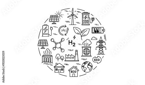Eco Electricity Monoline Icon Set with Solar Wind Battery Charging and Sustainable Power Symbols