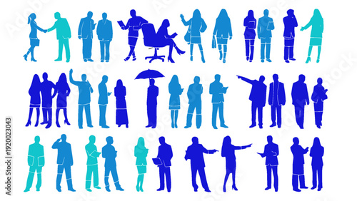 Business people silhouette collection in blue and teal tones. Includes professionals in formal attire standing, discussing, presenting, and celebrating.