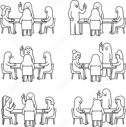 Team discussion and meeting scenes illustration showing people sitting around tables communicating in office line vector style