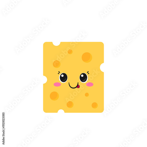 Slice of cheese, cute and fun cartoon character, dairy product, happy smiling face, emotions joy delight, kawaii style, icon vector illustration.