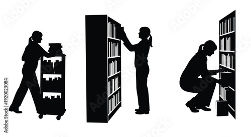 Library bookshelf silhouettes with people reading books