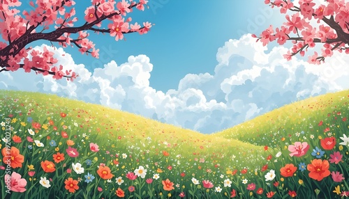 Vibrant spring landscape with rolling green hills, colorful wildflowers, and pink cherry blossoms under a bright blue sky with fluffy clouds