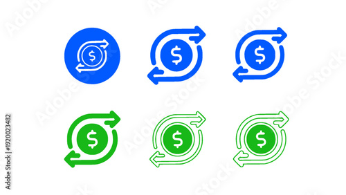 Modern money transfer and currency exchange icon collection in green and blue style. Includes financial transaction arrows, payment systems, savings, and fintech symbols.