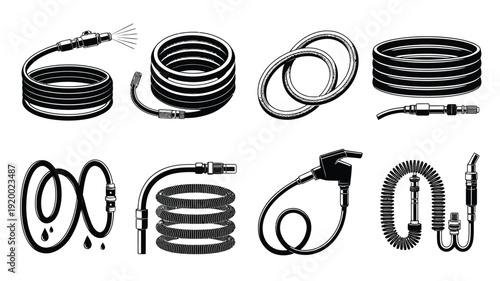 Hose assortment, garden, fire, fuel, and corrugated types, vector illustrations for toolkits, machinery, home improvement, and safety equipment branding projects.