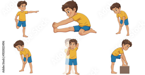 Boy stretching exercises sequence for fitness and health
