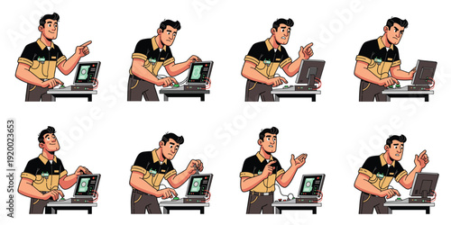 Tech support man explaining computer issues