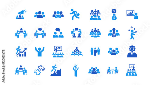 Office and business workflow icon set in clean blue flat design. Features organization charts, communication tools, strategy planning, performance tracking, and productivity elements.