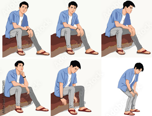 Sad young man sitting on a rock in contemplation