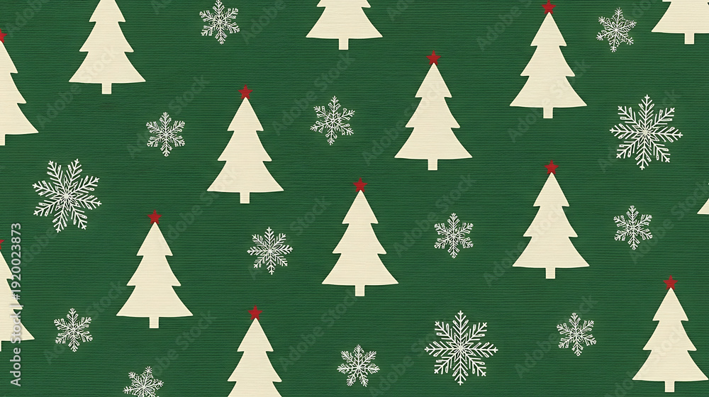 Obraz premium Festive Christmas pattern with cream-colored trees and snowflakes on a dark green textured background, perfect for holiday designs.