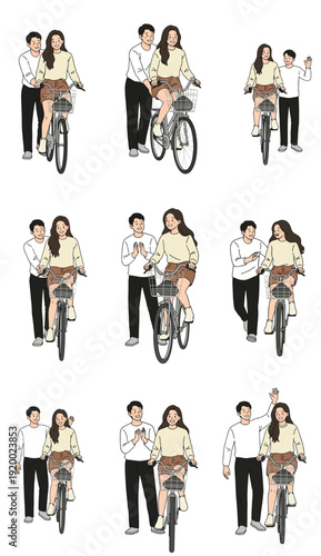 Couple riding bicycle together in various poses