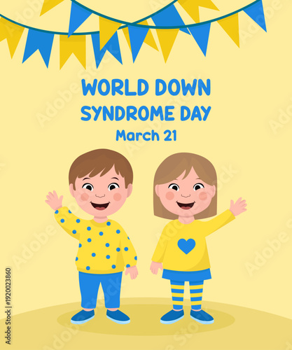 World down syndrome day little boy and girl waving blue and yellow colors