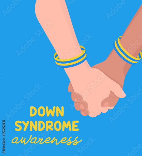 Hands holding world down syndrome day 21th march yellow and blue colors