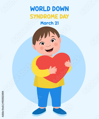 Kid hugging a red heart World sown syndrome day 21 march greeting card yellow and blue