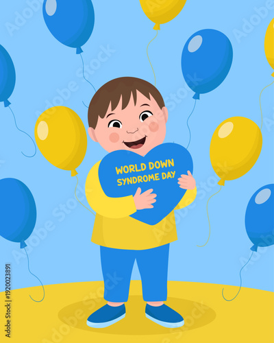 Little boy hugging a heart yellow and blue balloons in background world sown syndrom day 21th march