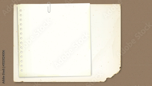 Both of old paper with stains effect overlap and attached by paper clip have craft paper background.
