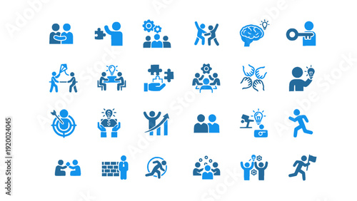 Teamwork and collaboration icon collection designed in modern blue style. Includes meeting, partnership, brainstorming, networking, leadership, and goal achievement concepts.