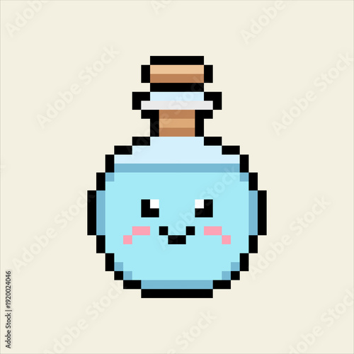 Cute kawaii pixel art 8-bit RPG mana potion, small bottle with smiling blue liquid, pastel palette, thick pixel outline, centered inventory icon
