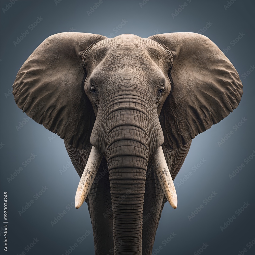 Obraz premium Close-up portrait of an impressive African elephant with large tusks, showcasing its majestic presence and powerful features against a soft blue background
