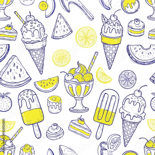 Hand Sketched Ice Cream Vector Pattern with Solid Yellow
