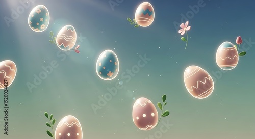Decorated easter eggs floating in sky
