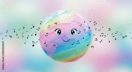 Smiling Rainbow Earth with Musical Notes on Pastel Background