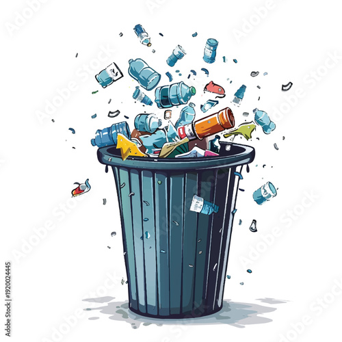 Vector Illustration of Overflowing Trash Bin Symbolizing Environmental Pollution, Waste Crisis, and Unsustainable Consumption on White Background
