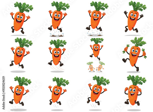 Happy carrot characters in various poses with transparent background