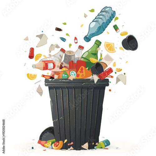 Vector Illustration of Overflowing Trash Bin Symbolizing Environmental Pollution, Waste Crisis, and Unsustainable Consumption on White Background