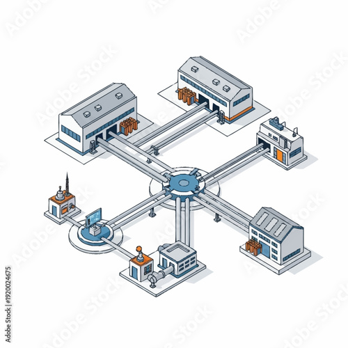 Isometric illustration of a connected industrial network with factories and data centers.
