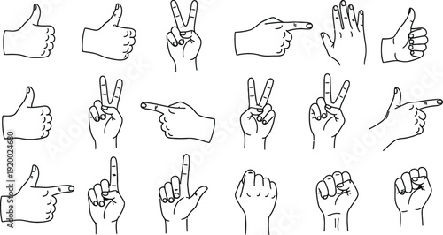 Set of outline hand gestures: thumbs up, pointing, peace, and fist