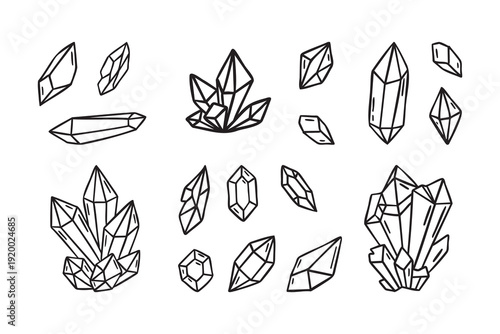 Crystals set, assorted colored gemstones various shapes, monochrome line art hand drawn style