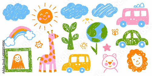 Colorful child s drawing featuring sun clouds animals and vehicles