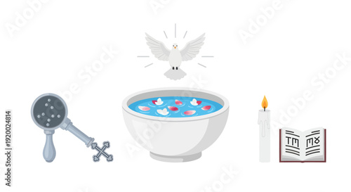 Christian Baptism Icons: Dove, Holy Water Bowl, Candle, Bible, and Cross