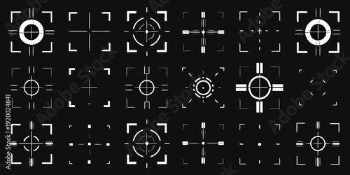A collection of white crosshair reticles on a black background