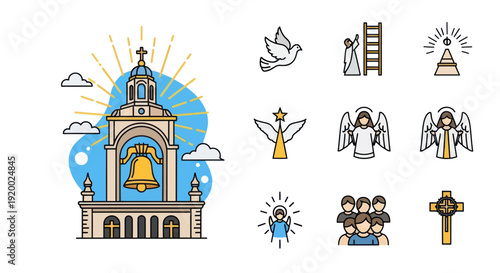 Religious Icons: Church Bell Tower, Angels, Dove, Cross, Stars, Ladder, Jesus
