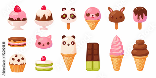 Collection of cute cartoon style desserts and sweets with animal themes