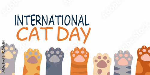 International cat day celebration with colorful paw prints illustration