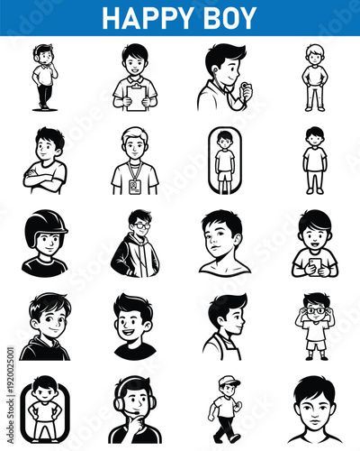 Wallpaper Mural A set of black and white illustrations of a happy boy with various facial expressions and poses on transparent background Torontodigital.ca
