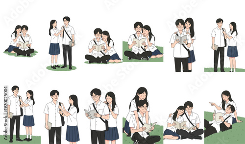 Two students studying together in a grassy field