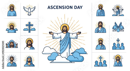 Ascension Day Jesus Christ Icon Set: Heavenly Ascension, Holy Spirit, Cross, Disciples