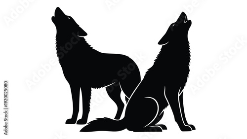Two wolves howling under the moonlight in a serene forest setting isolated on white background, Vector