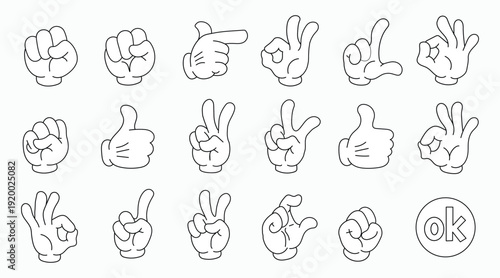 Cartoon Hand Gestures Vector Icons – Outline Doodle Hands, OK Sign, Thumbs Up & Pointing Finger Set. pointing with finger for mascot and design decoration.