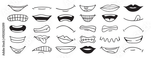 Mouth smiles expressions set collection doodle hand drawn icon. Outline mouth drawing mouth tongue line clipart symbol.