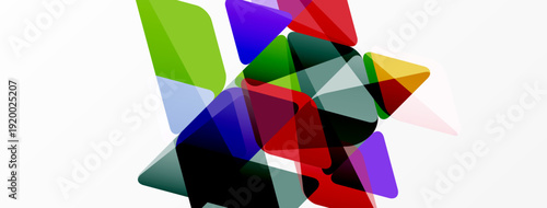 Abstract composition featuring overlapping colorful shapes. Dynamic arrangement creates visual interest, modern aesthetic. Bright hues dominate white background.